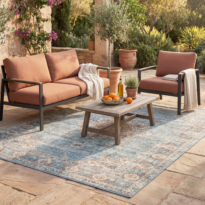 Binnen- en buitenkleed - Kairo Medaillon Lichtblauw/Creme 