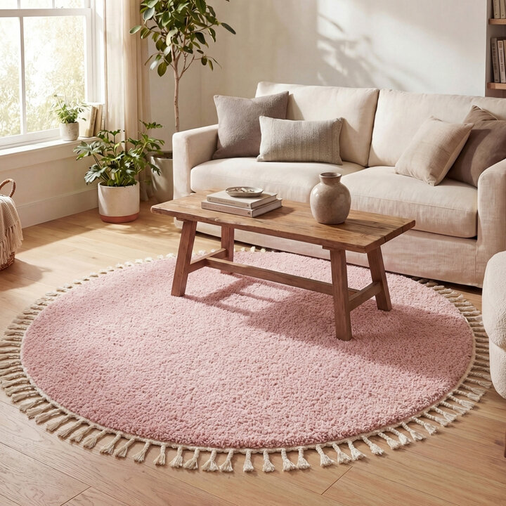 Rond hoogpolig vloerkleed - Lofty Fringe Roze
