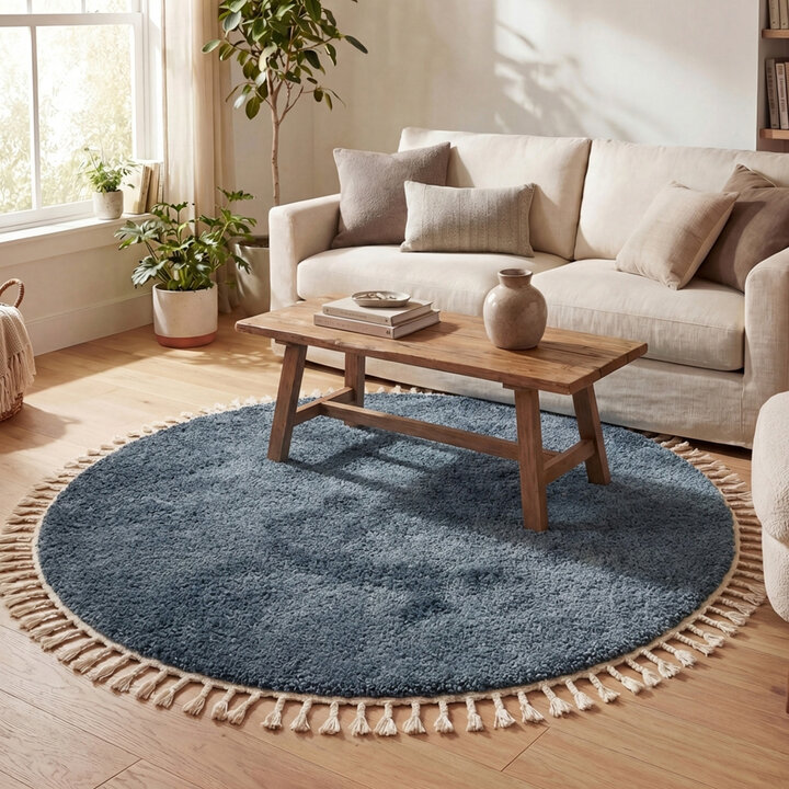 Rond hoogpolig vloerkleed - Lofty Fringe Blauw