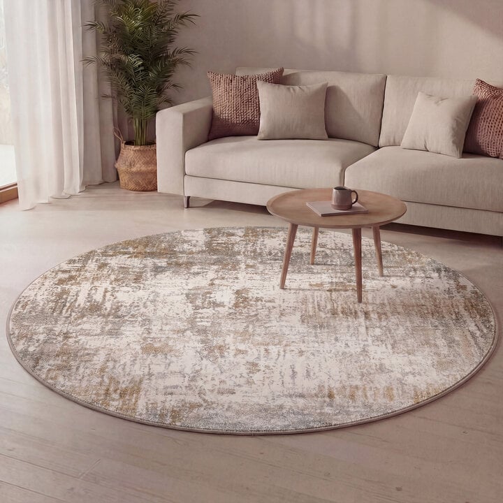 Rond wasbaar vloerkleed - Misha Grunge Creme/Bruin