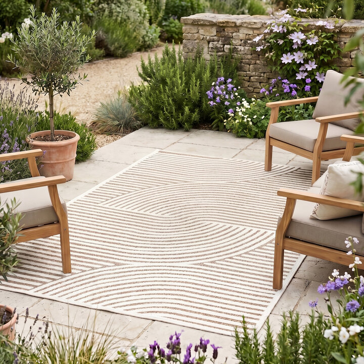 Modern binnen- en buitenkleed - Nori Curves Wit/Taupe