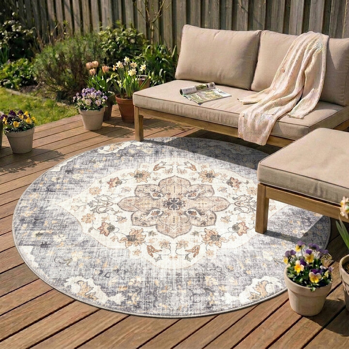 Rond vintage buitenkleed - Santo Mandala Blauw/Grijs