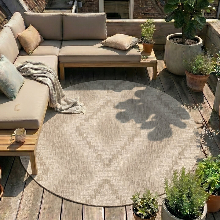 Rond jute buitenkleed - Atlas Diamond Bruin/Creme 
