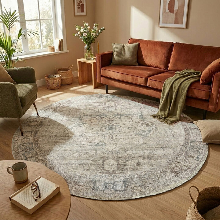 Rond vintage vloerkleed - Kyra Medaillon Taupe