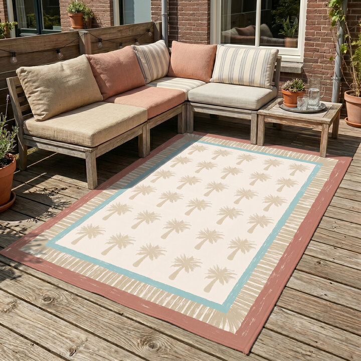 Buitenvloerkleed - Oasis Palm Blauw/Rood