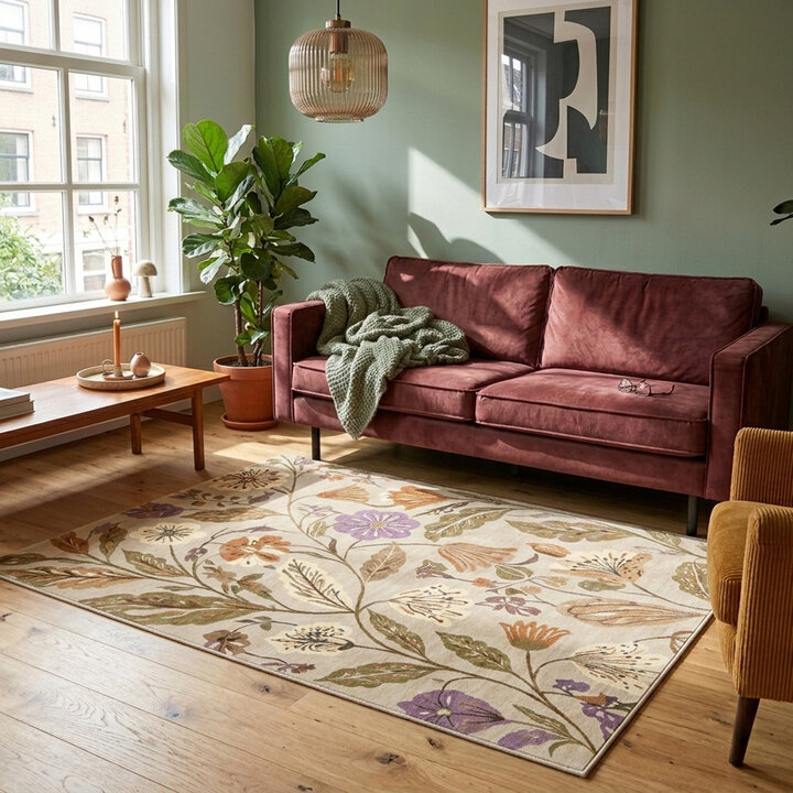 Wasbaar vloerkleed - Misty Flowers Creme