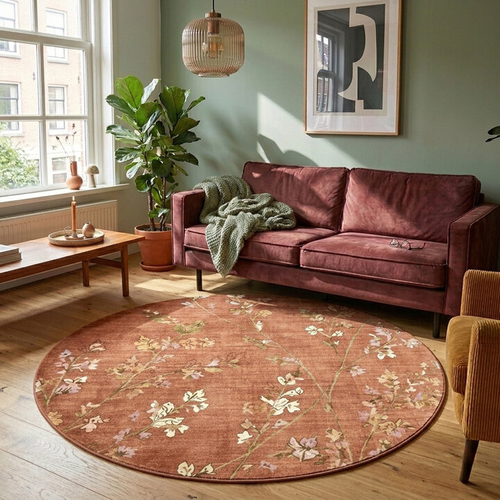 Rond wasbaar vloerkleed - Misty Floral Terracotta