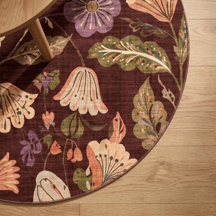 Rond wasbaar vloerkleed - Misty Flowers Bruin - 3