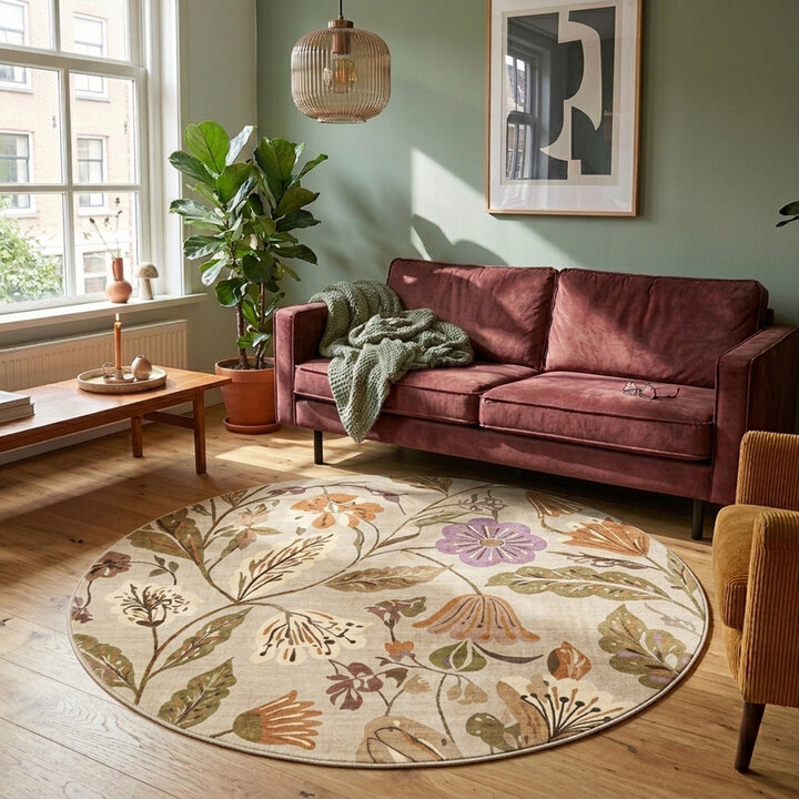 Rond wasbaar vloerkleed - Misty Flowers Creme