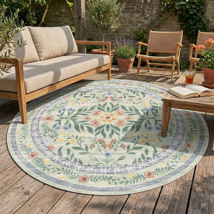 Rond vintage buitenkleed - Luana Donkergroen