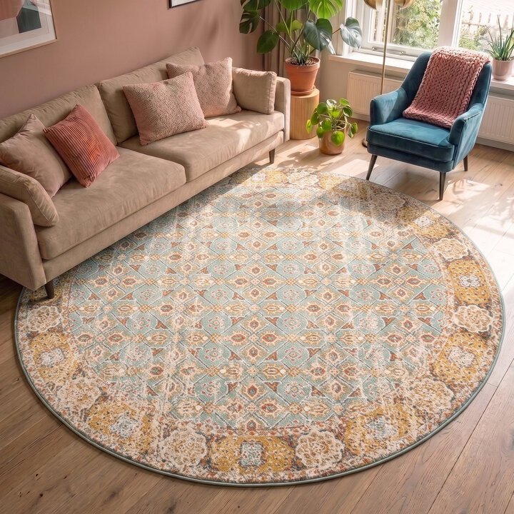 Rond vintage vloerkleed - Thirza Oriental Lichtblauw/Multicolor 
