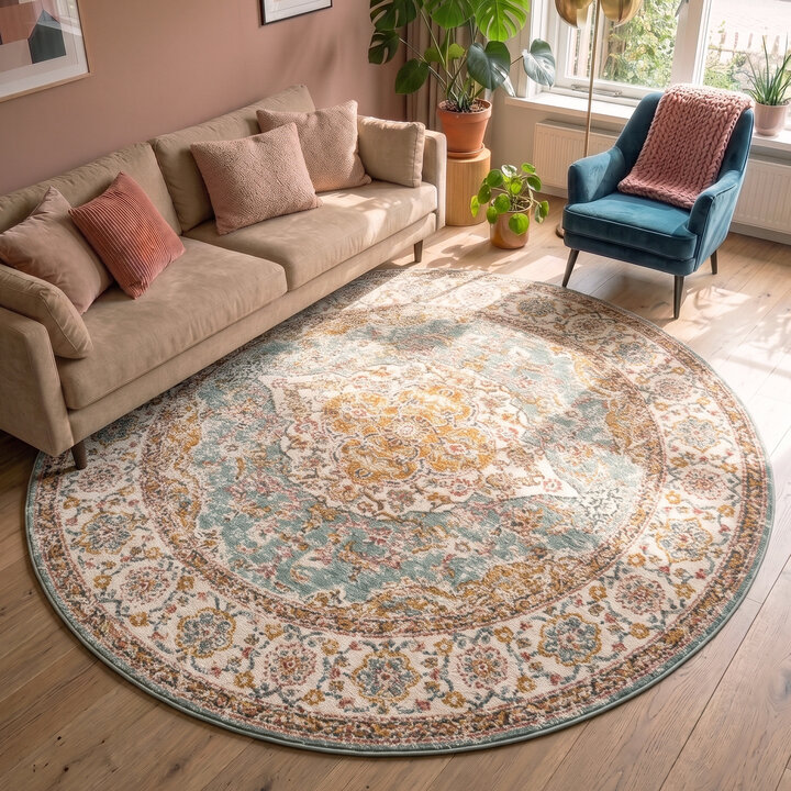Rond vintage vloerkleed - Thirza Medaillon Lichtblauw/Multicolor 