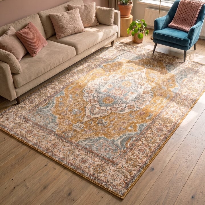 Vintage vloerkleed - Thirza Medaillon Okergeel/Multicolor 