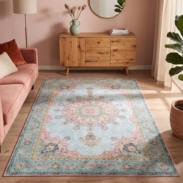Vintage vloerkleed - Lily Medaillon Lichtblauw