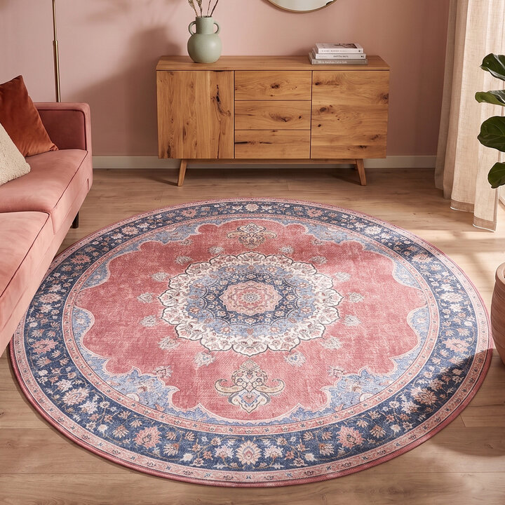 Rond vintage vloerkleed - Lily Medaillon Rood/Roze
