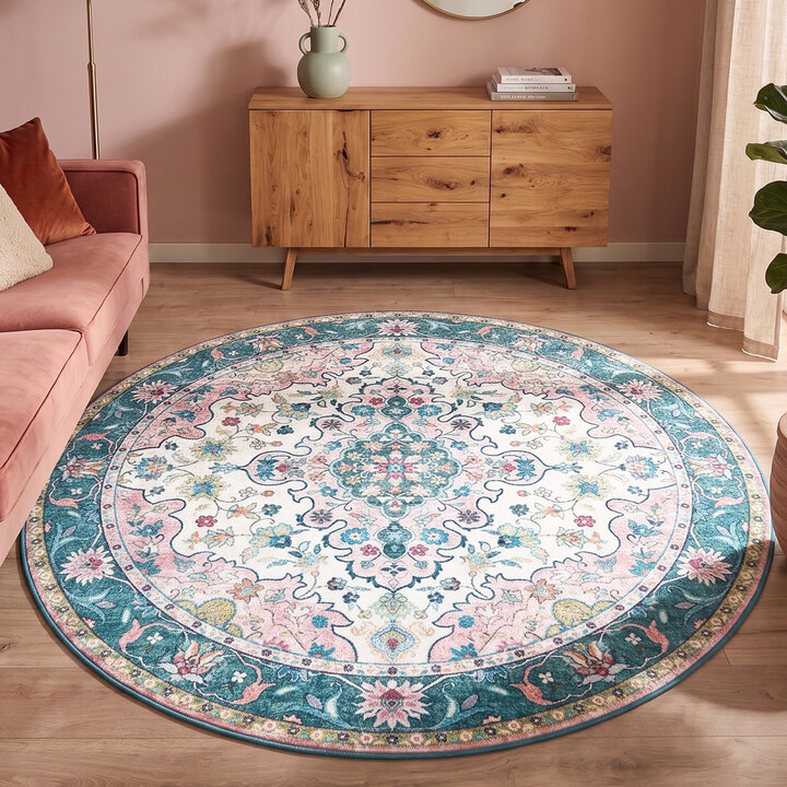 Rond vintage vloerkleed - Lily Oriental Blauw/Roze