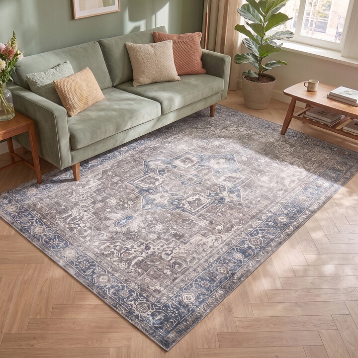 Vintage vloerkleed - Lugan Taupe/Blauw